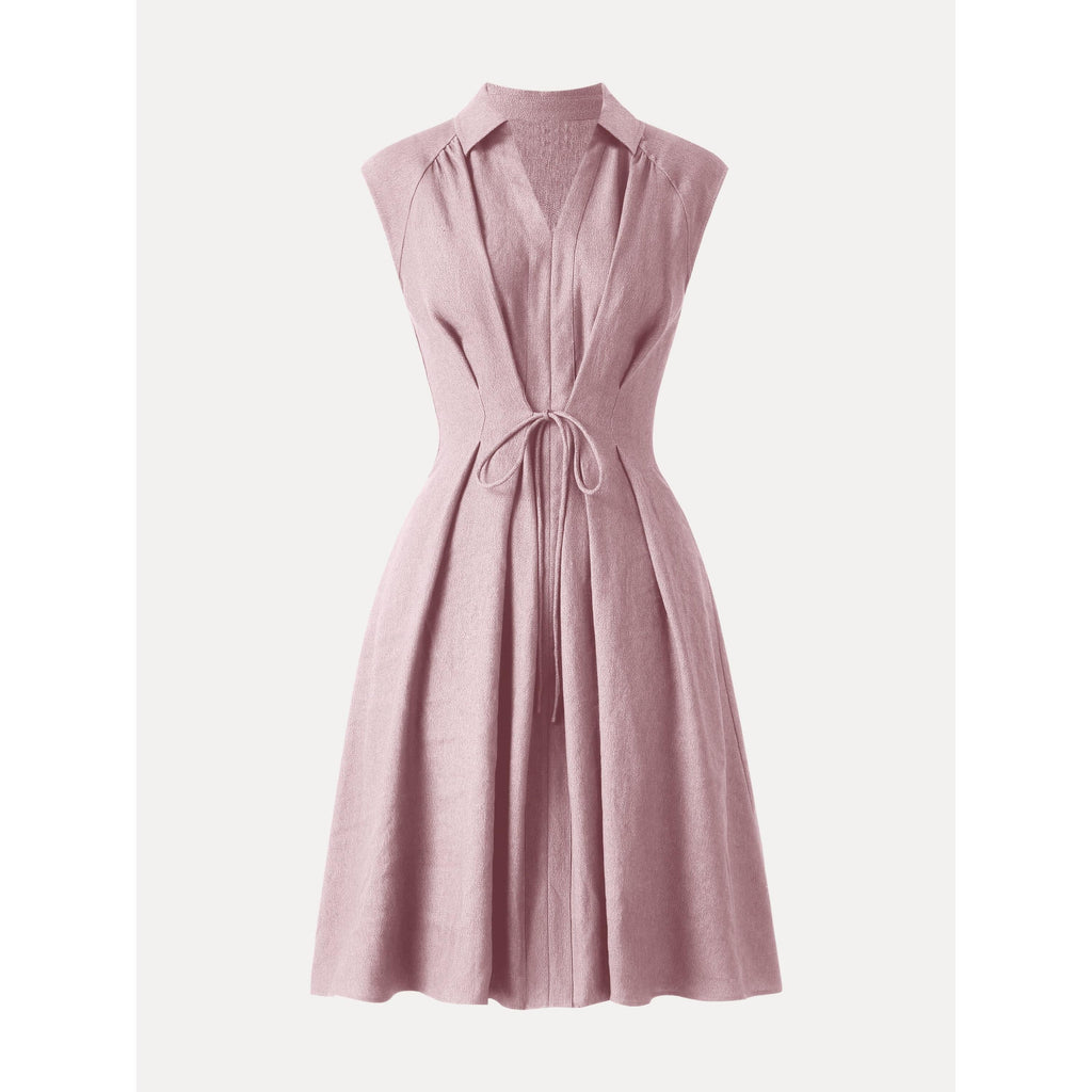 OGLmove Women's Viscose-Linen Collared V-Neck Midi Dress with Drawstring