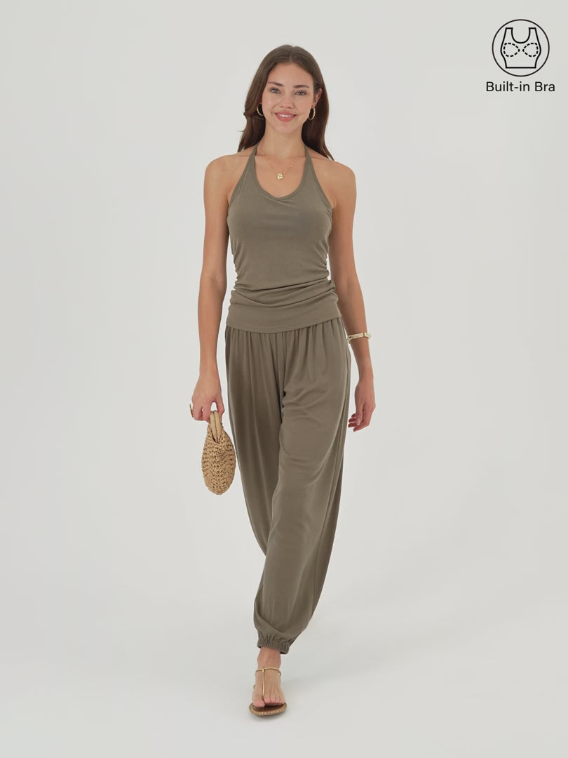 OGLmove Women's Open Back Bra Top & Balloon Pants Set with Pockets
