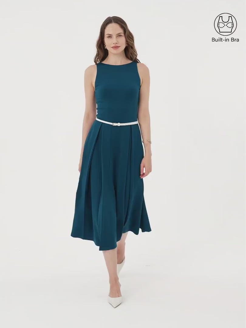OGLmove Women's Boatneck Pleated Fit-and-Flare Midi Bra Dress with Pockets