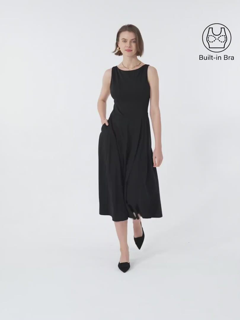 OGLmove Women's Boatneck Bamboo Ponte Bra Midi Dress with Pockets