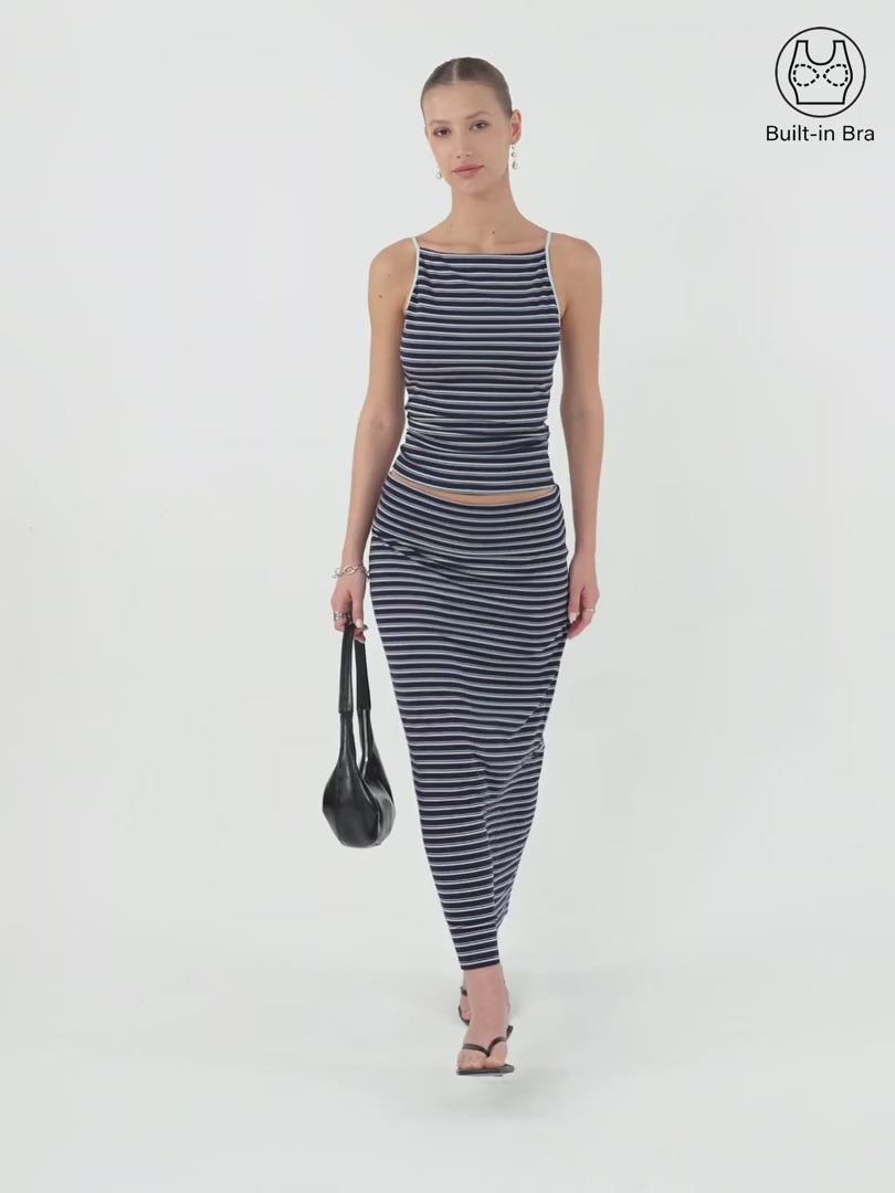 OGLmove Women's Striped Spaghetti Bra Top & Low Rise Midi Skirt Set