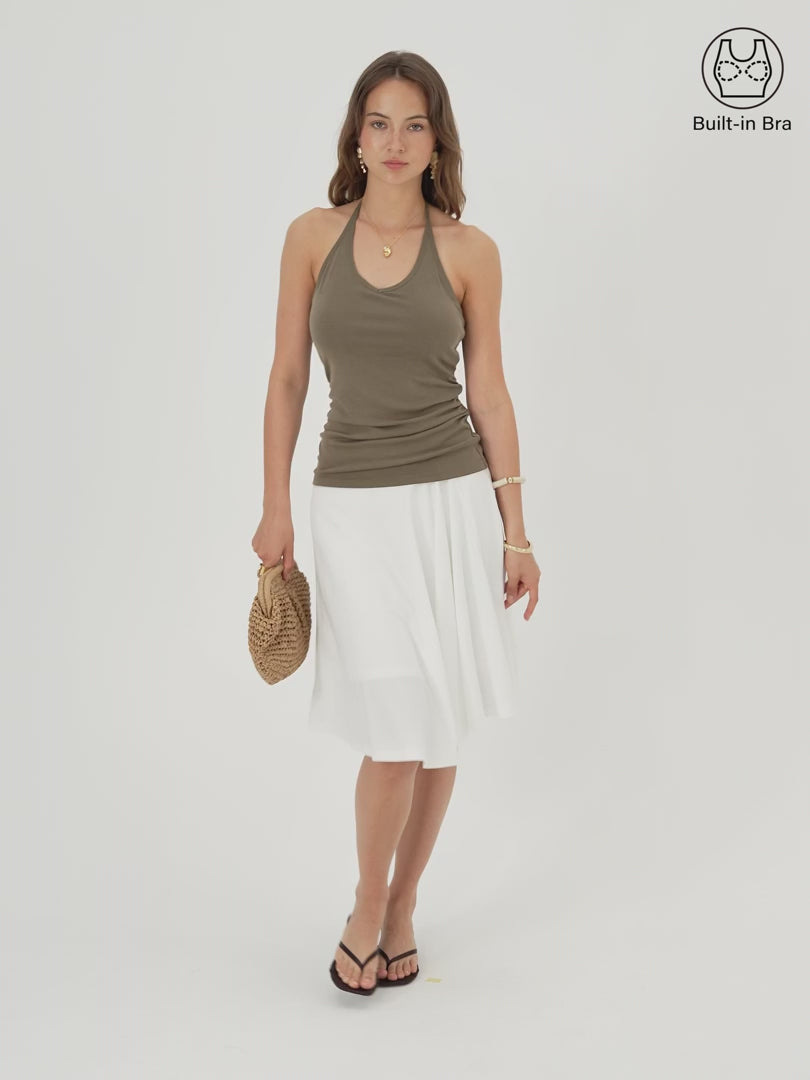 OGLmove Women's Modal Halter Neck Open Back Ruched Bra Top