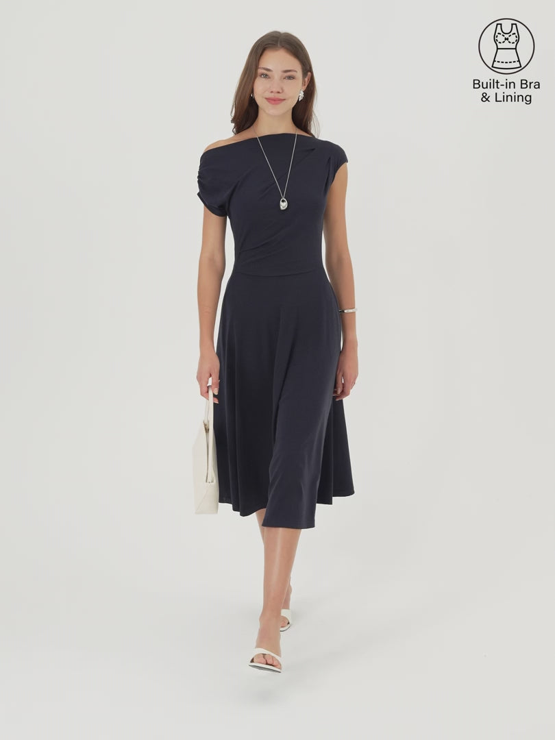 OGLmove Women's Asymmetrical Shoulder Tucked Midi Bra Dress with Pockets