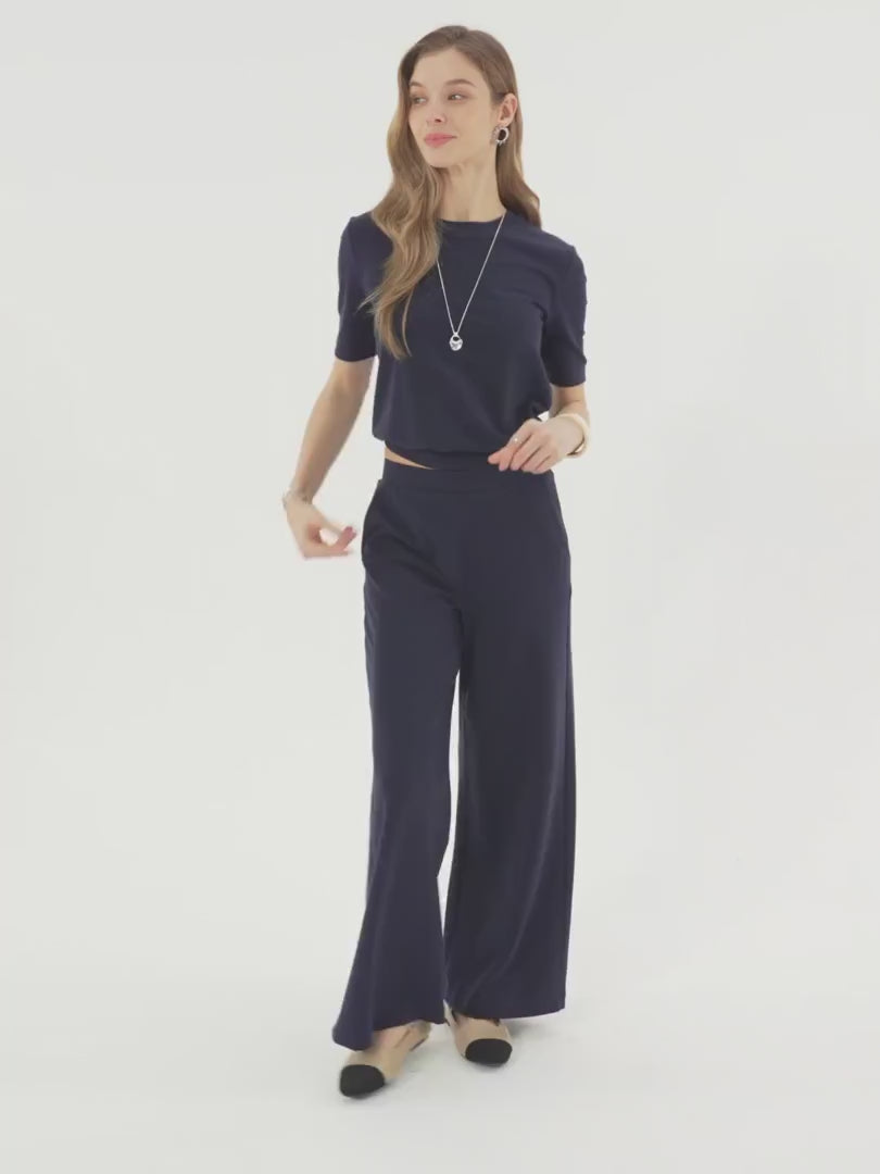 OGLmove Women's Petite Wide Leg Pant with Pockets & Crewneck Bra Top Set