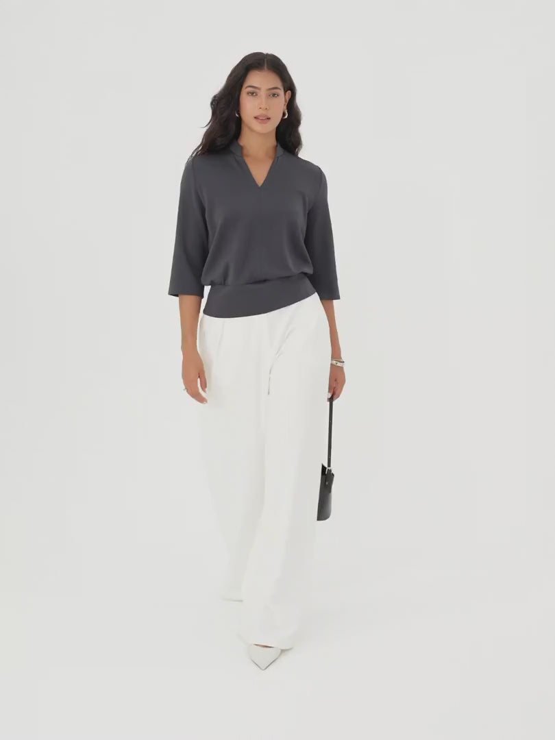 OGLmove Women's Lyocell Spacer Knit V-Neck Elbow Sleeve Banded Top
