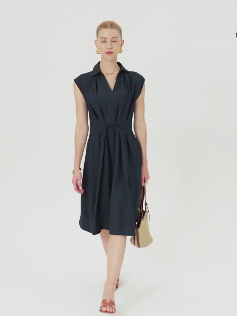 OGLmove Women's Viscose-Linen Collared V-Neck Midi Dress with Drawstring