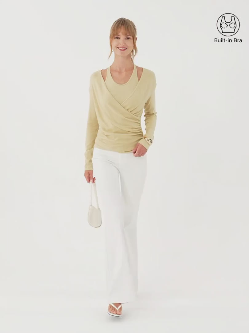 OGLmove Women's Eco-MiYaMoon Cashmere Blend Long Sleeve Surplice Ruched Cami Top