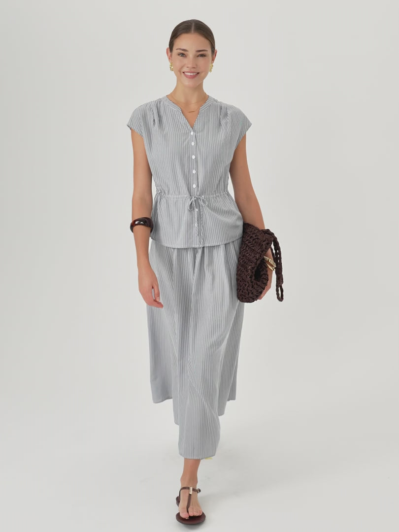 OGLmove Women's Drawstring Waist Poplin Shirt & High Rise Midi Skirt Set with Pockets