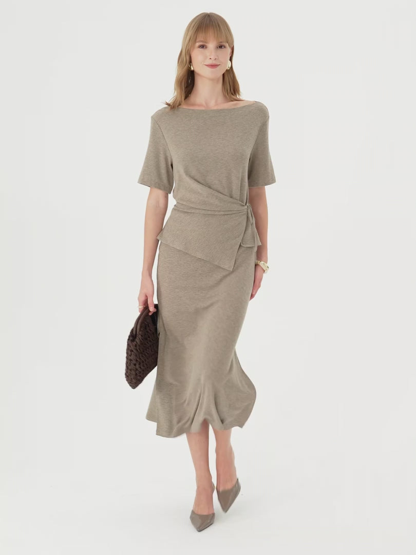OGLmove Women's Short Sleeve Tie-Side Top & Side-Slit A-Line Midi Skirt Set