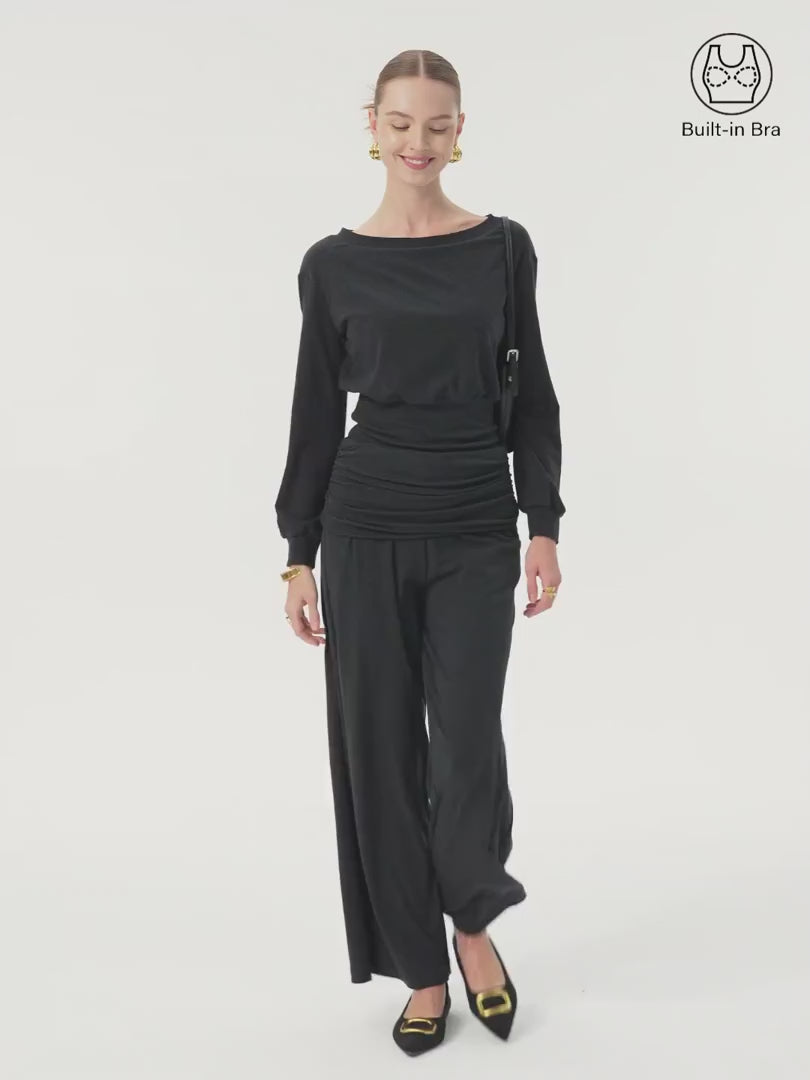 OGLmove Women's Boatneck Bra & Wide Leg Pants Set with Pockets