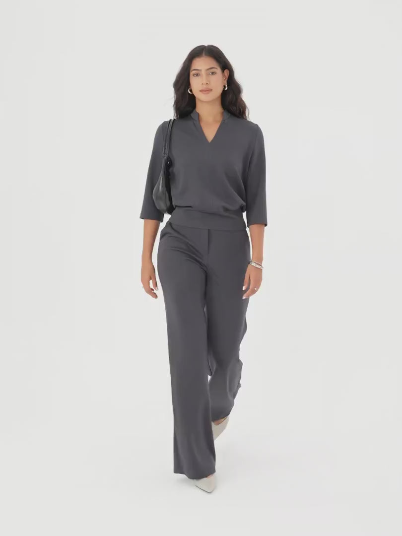 OGLmove Women's V-Neck Elbow Sleeve Top & High-Rise Wide Leg Pants Set with Pockets