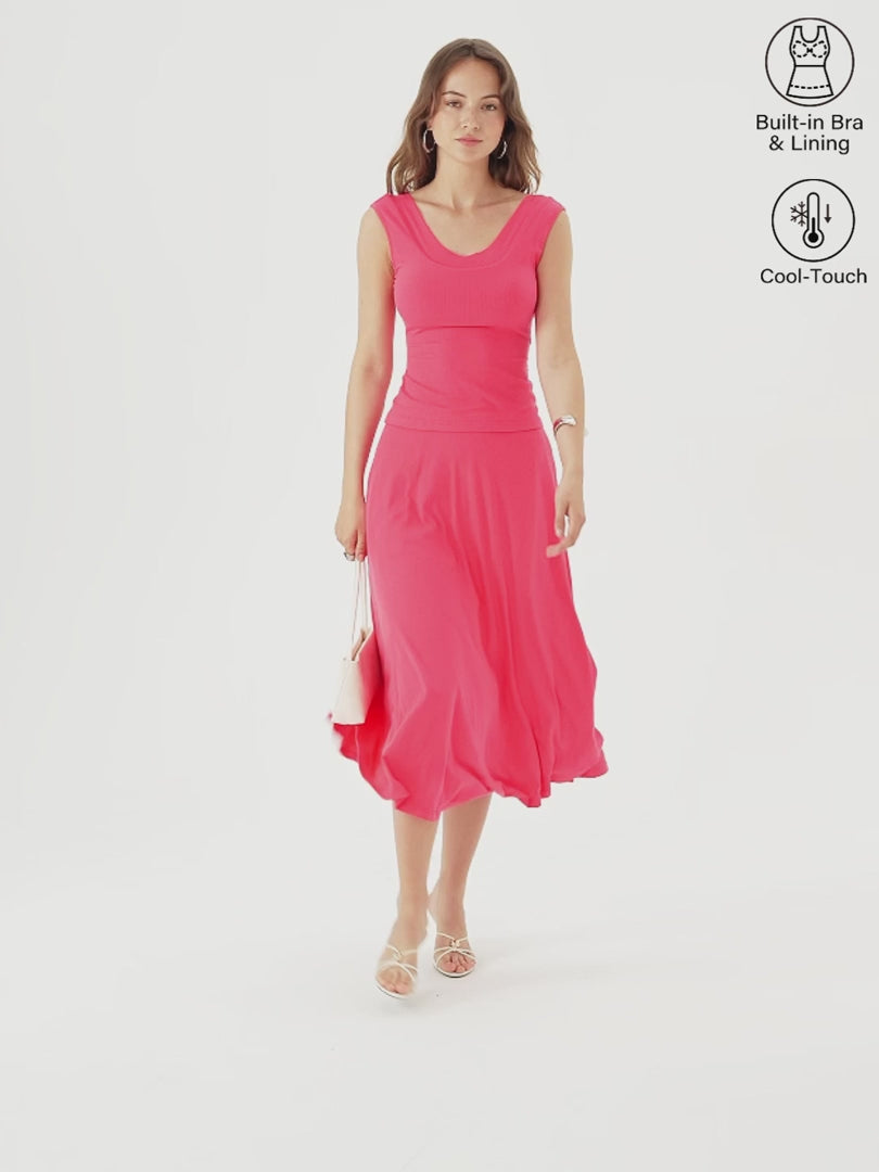 OGLmove Women's U-Neck Bra Tank & Midi Skirt Set with Pockets