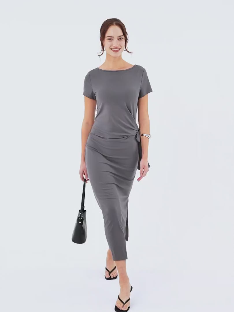 OGLmove Women's Cooling Wrinkle-Resistant Side Waist Tie Midi Dress with Slit