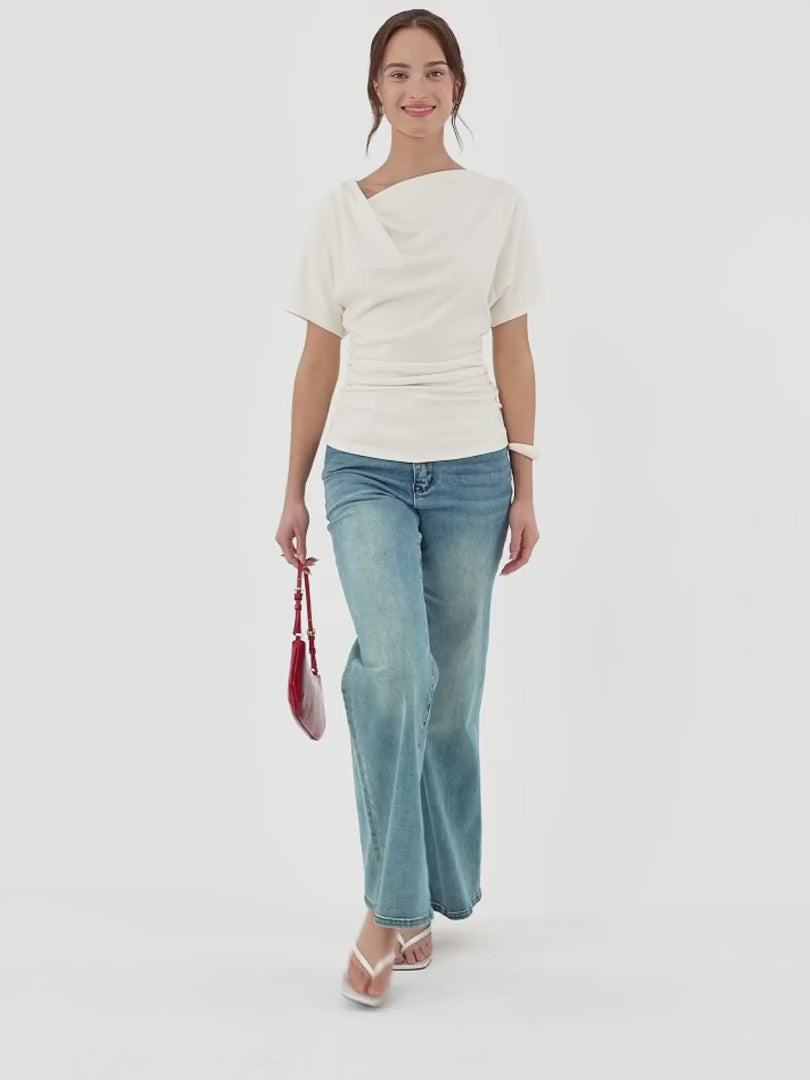 OGLmove Women's Asymmetrical Cowl Neck Ruched Top