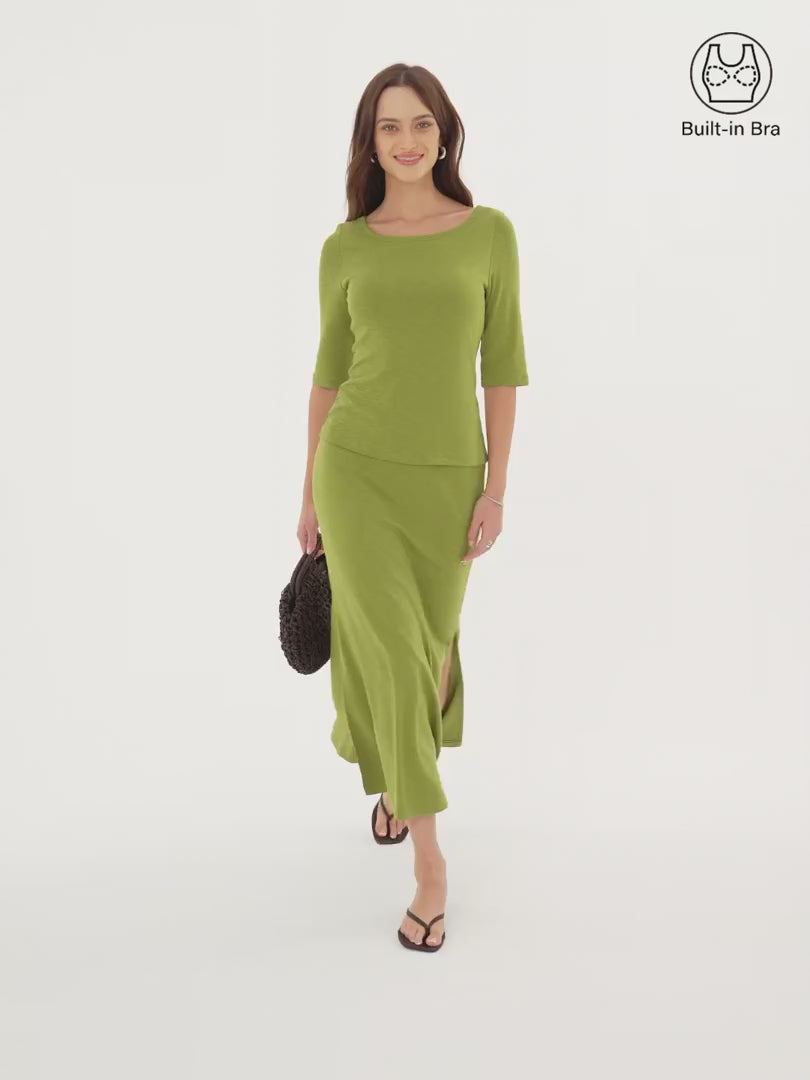OGLmove Women's Round Neck Elbow Sleeve Bra Top & Side-Slit A-Line Midi Skirt Set