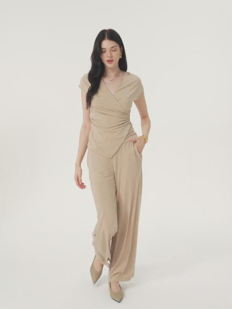 OGLmove Women's Lyocell-Wool Surplice Cap Sleeve Top & Mid-Rise Wide Leg Pants Set with Pockets