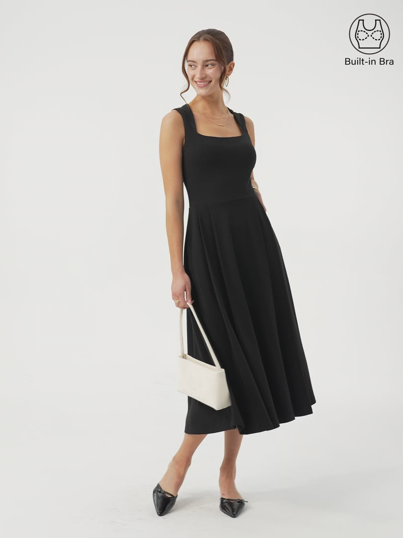 OGLmove Women's Square Neck Sleeveless Midi Bra Dress with Pockets