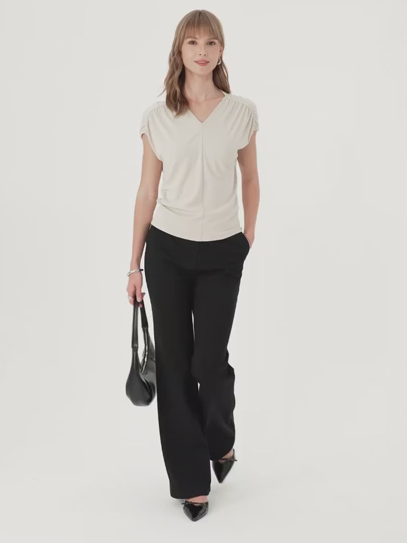 OGLmove Women's Sandwashed Modal Relaxed V-Neck Gathered Shoulder Top