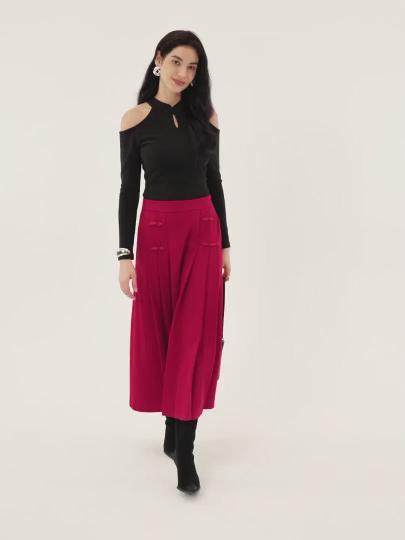 OGLmove Women's Pleated Frog Button Decor Midi A-Line Skirt