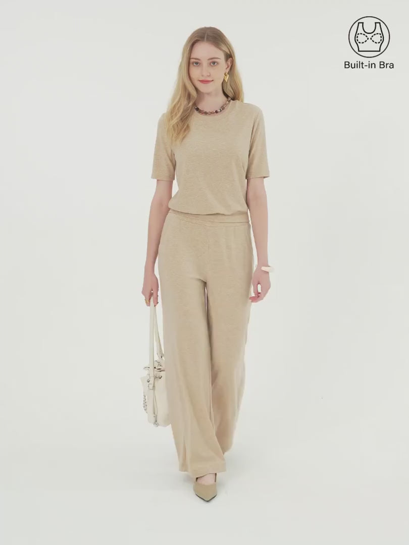 OGLmove Women's Mid Rise Wide Leg Pants & Crewneck Bra Top Set